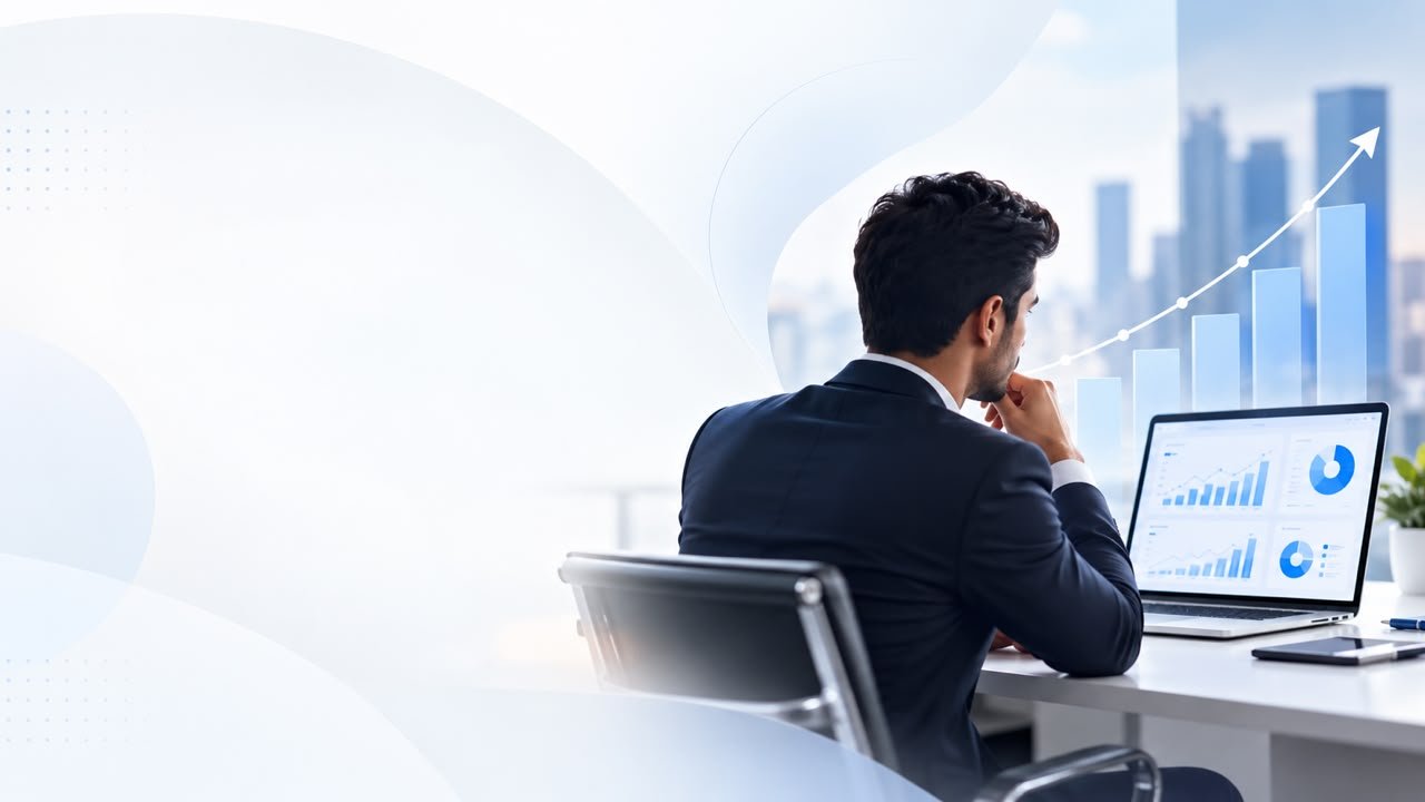 Business owner reviewing growth analytics on a laptop in a city office