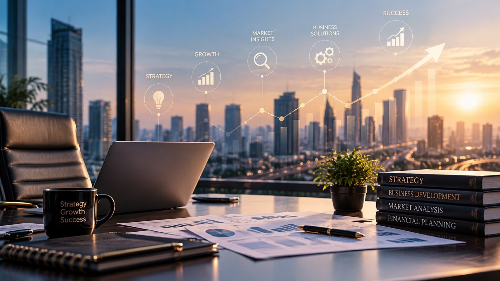 Office desk with strategy books and a growth chart over the city skyline at sunset