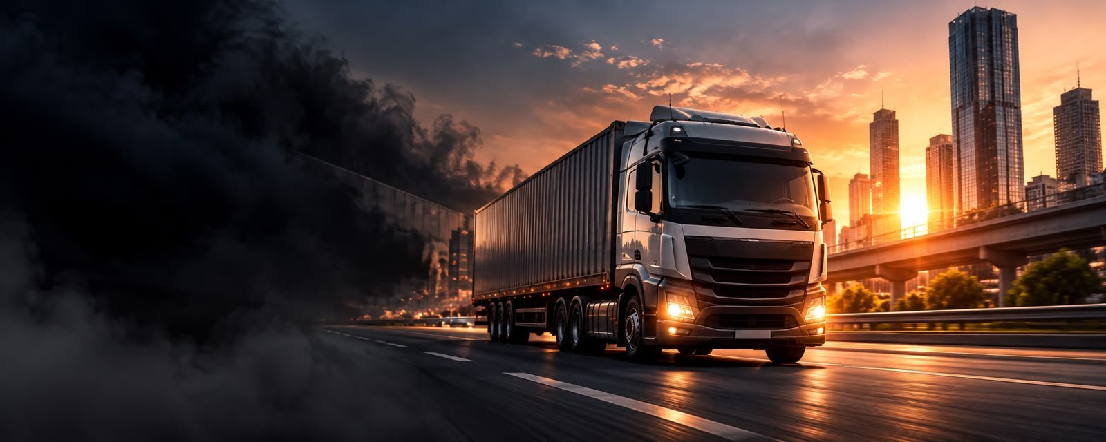 Container truck on a city highway at sunset