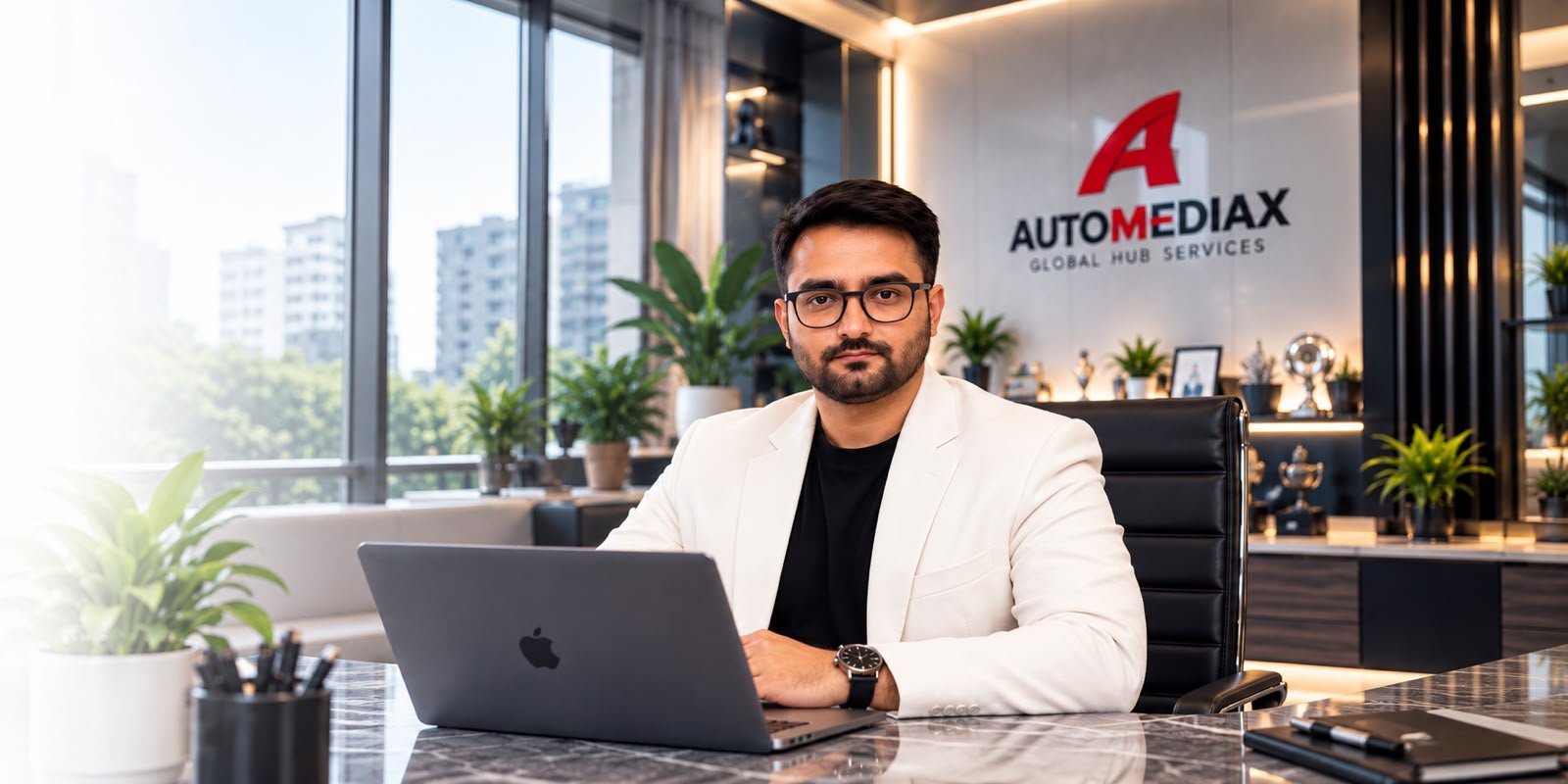 Yagnik Desai, Founder & CEO of AutoMediaX, at his desk in the AutoMediaX office