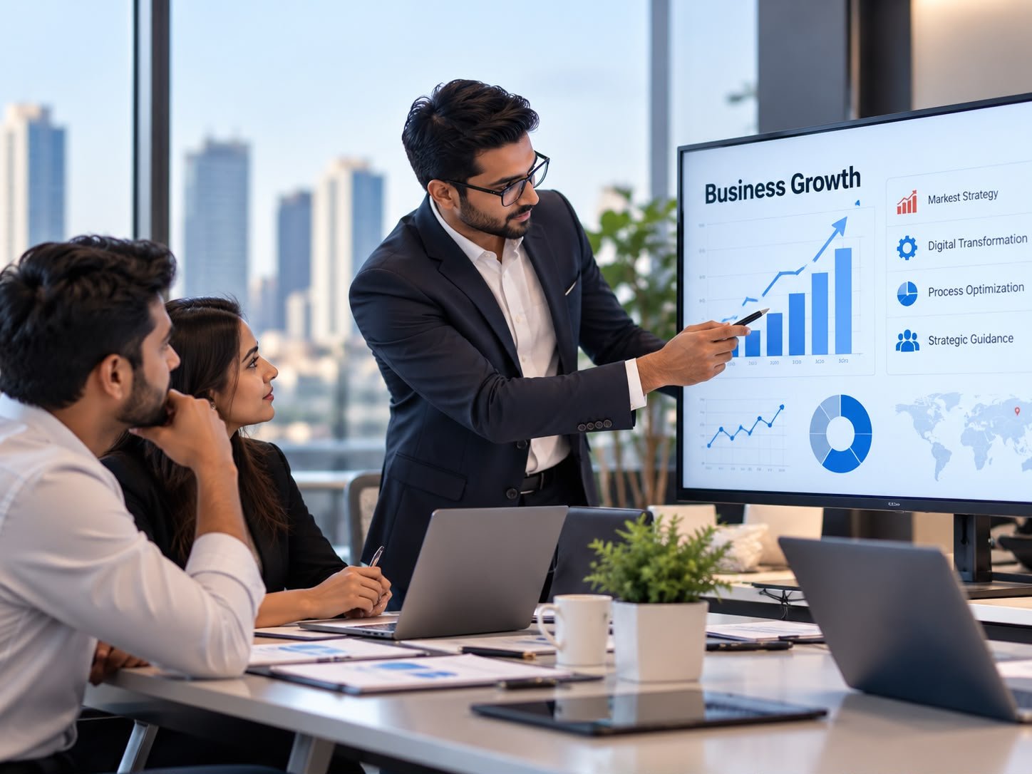 Consultant presenting a business growth dashboard to a client team