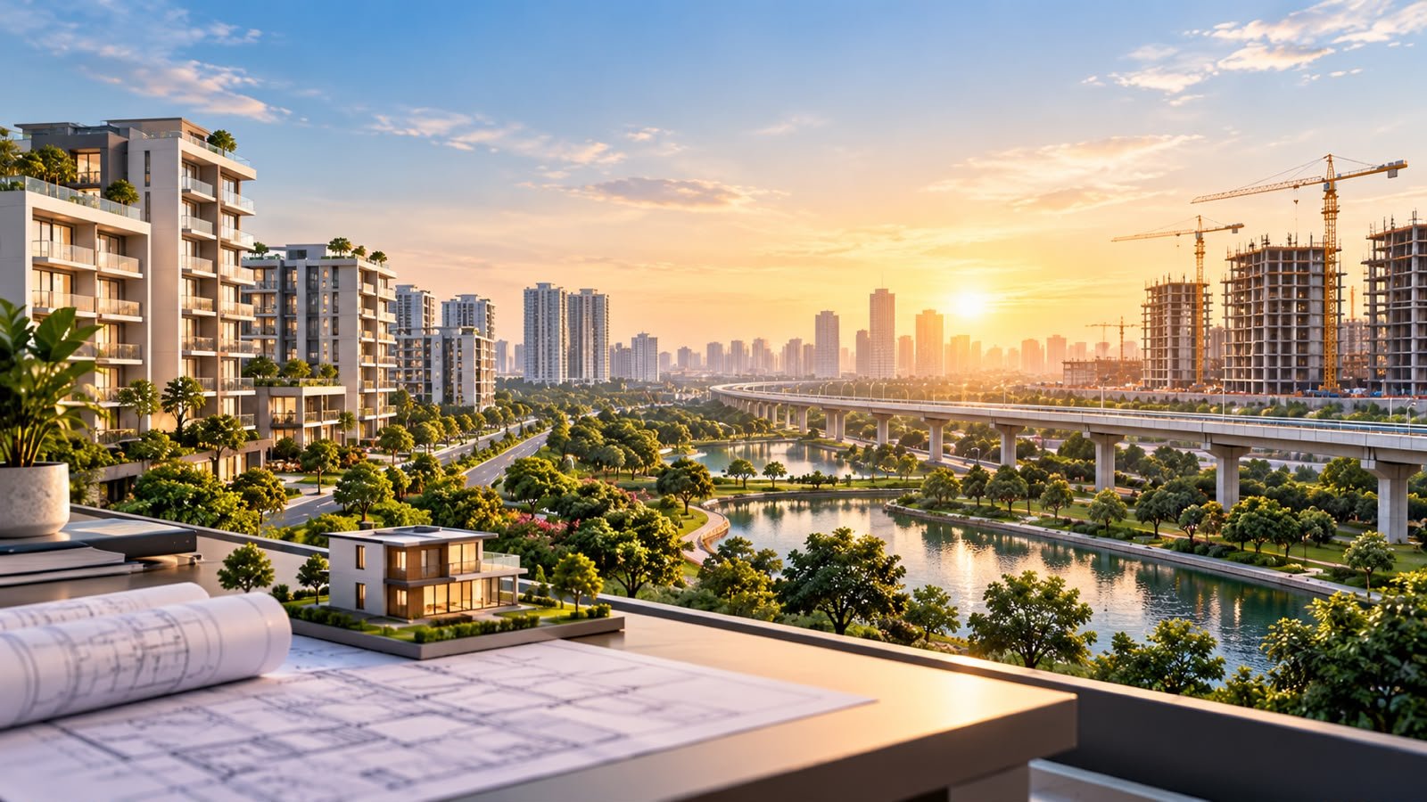 New residential towers, parks and a metro line at sunset