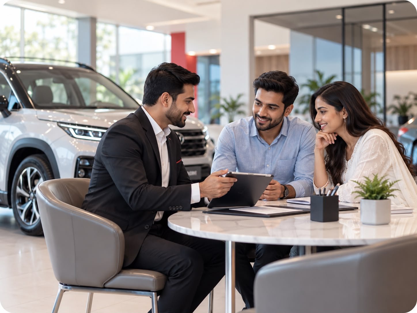 AutoMediaX advisor guiding a young couple through car options in a showroom