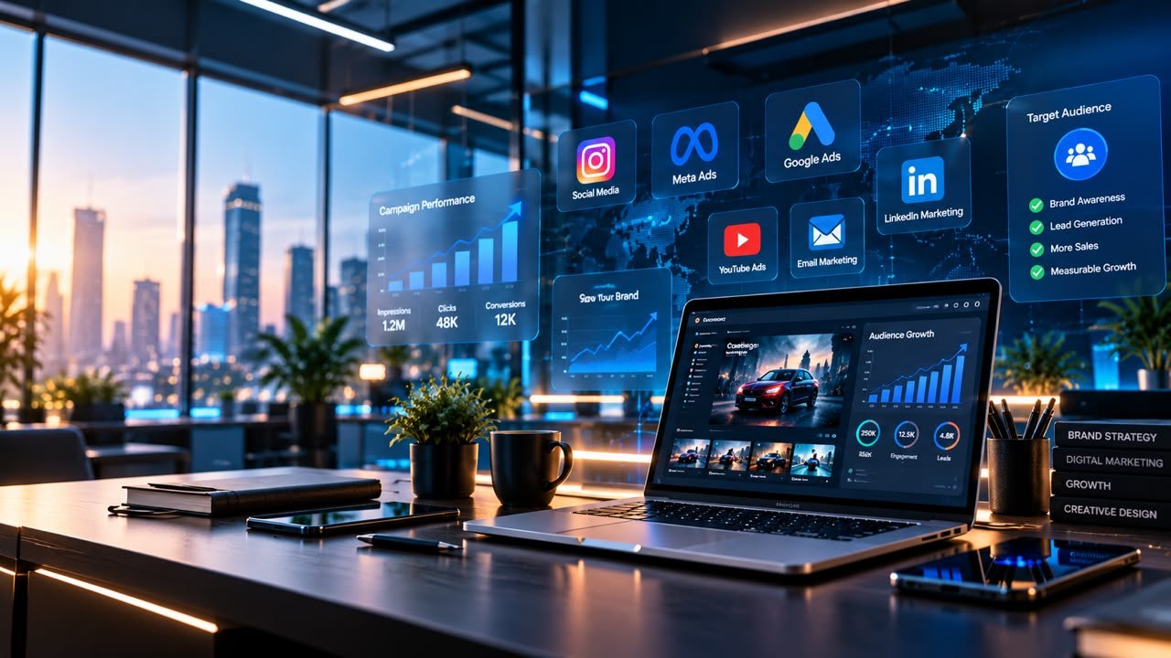 Laptop with campaign dashboards and floating social media, Google Ads and Meta Ads panels