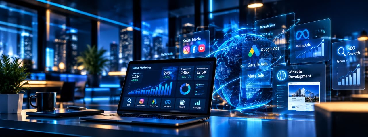 Laptop showing a digital marketing dashboard with SEO, social media and ads panels around a globe