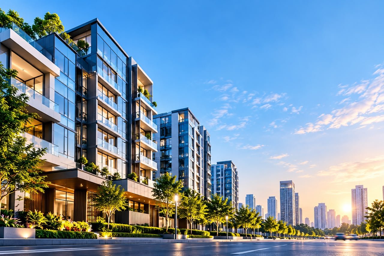 Modern residential towers beside a city road at sunrise