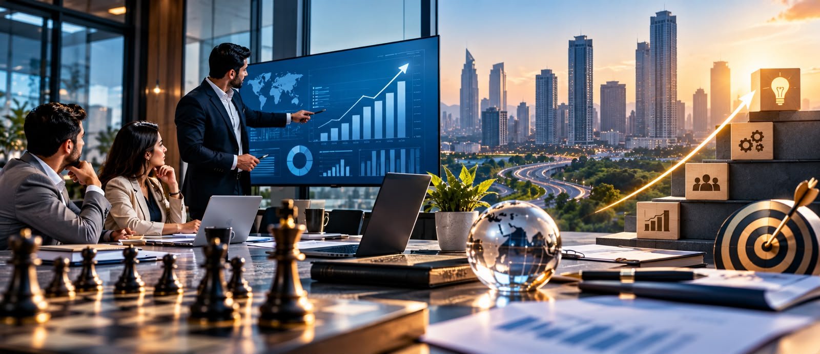 Consultant presenting a growth chart to business owners in a boardroom overlooking the city