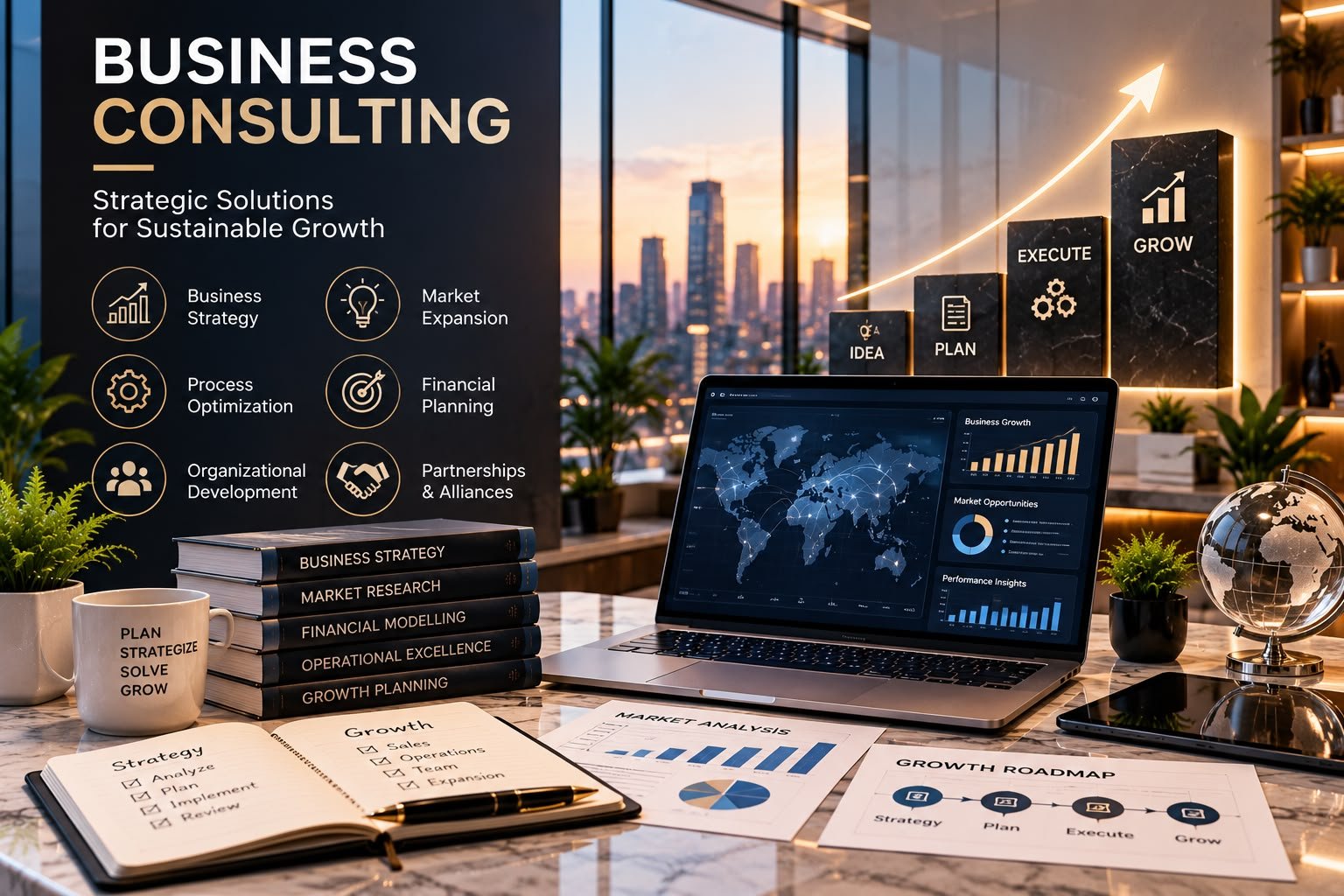 Business consulting desk with growth roadmap and strategy books