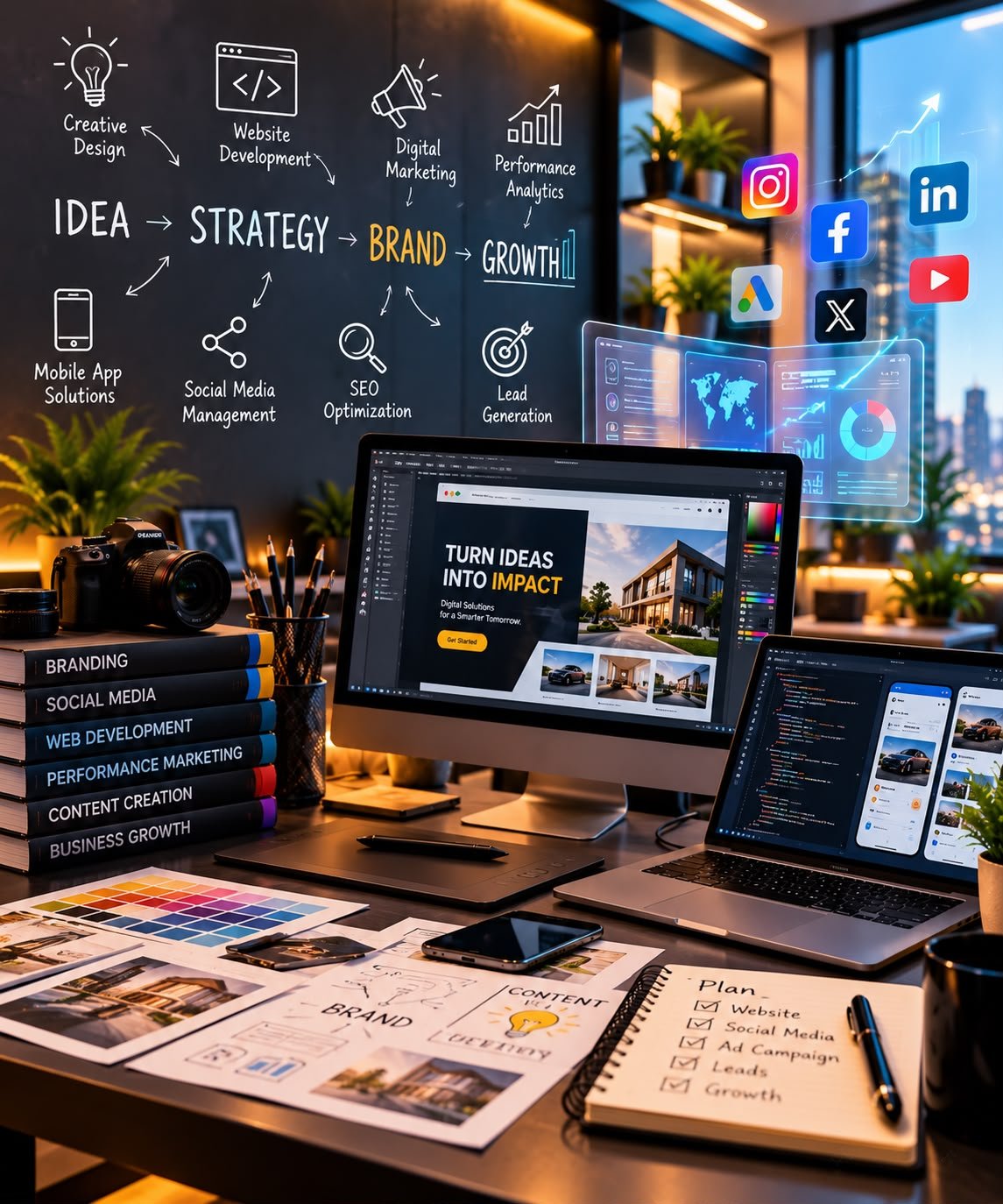 Digital marketing workspace with strategy sketches and website designs