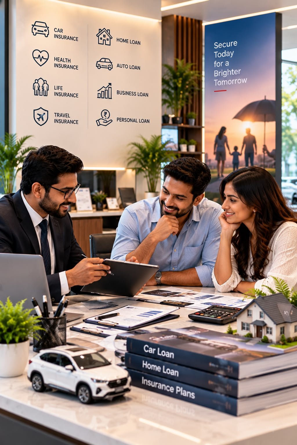 Advisor explaining loan and insurance options to a couple