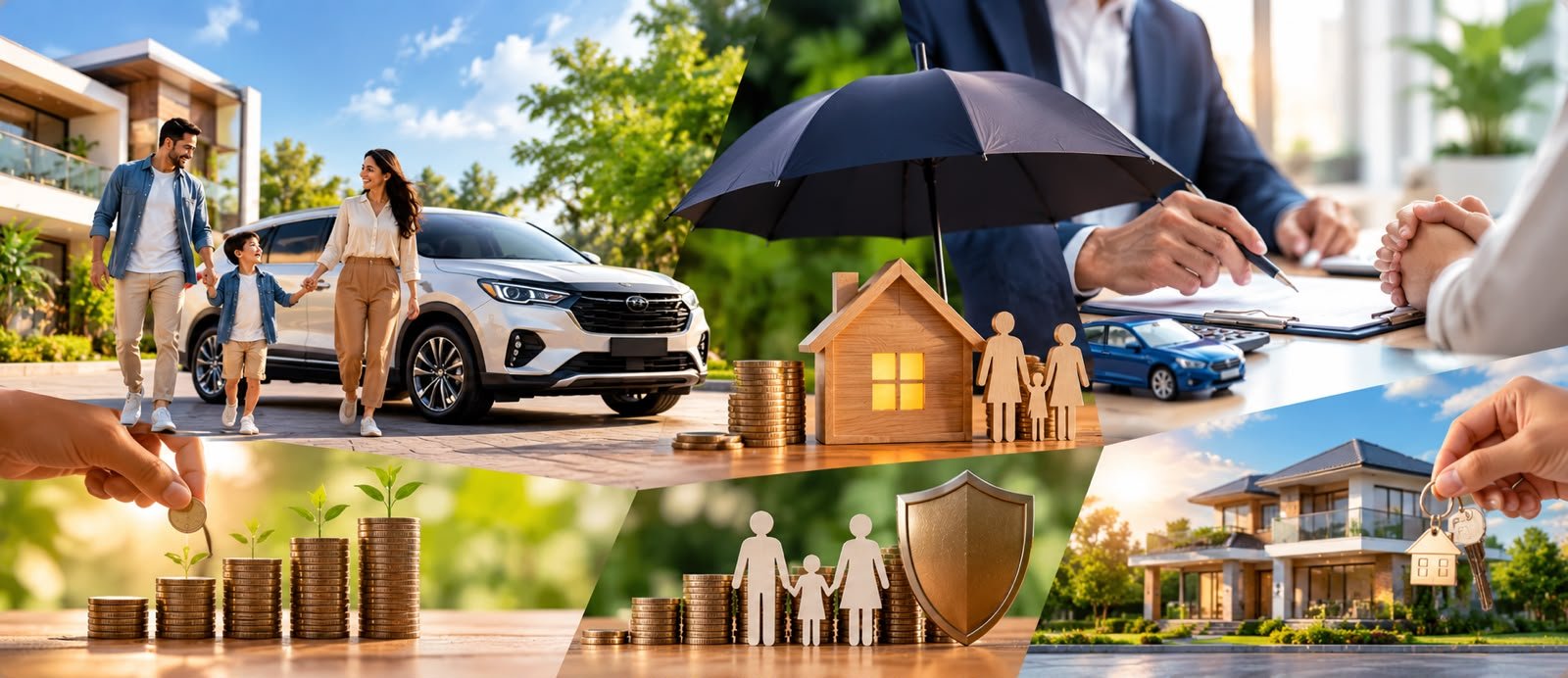 Family with their car, home and savings protected by loans and insurance