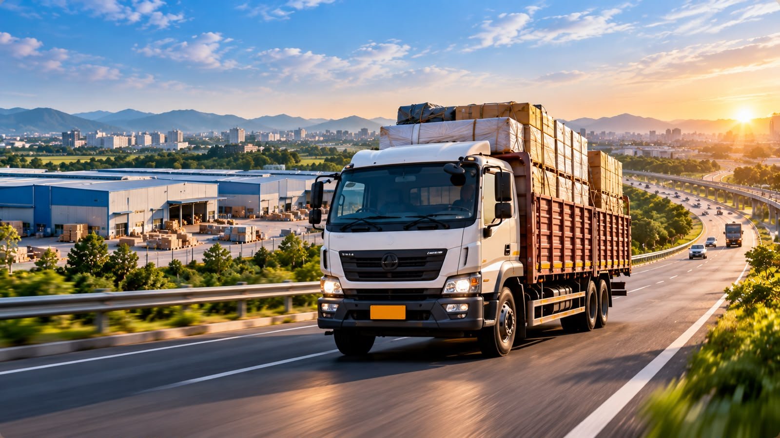 Loaded truck on a highway beside a logistics warehouse at sunset